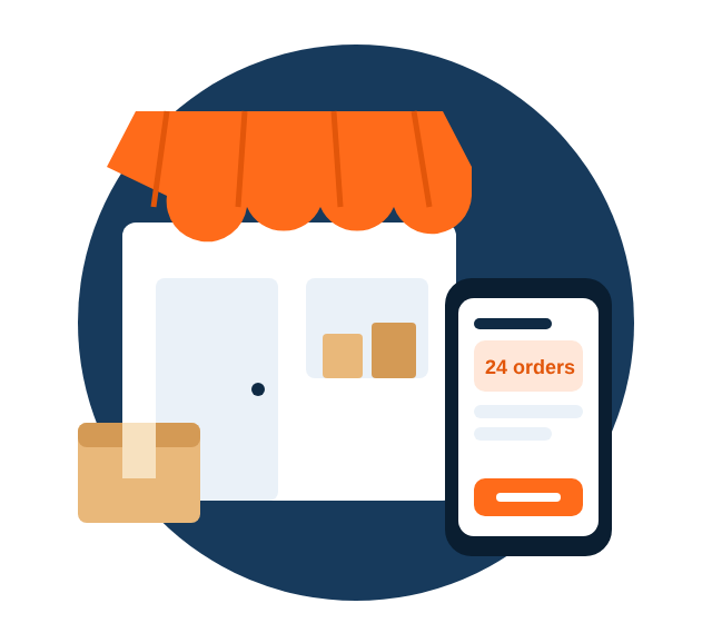 Home Shop front with parcels and a phone showing orders