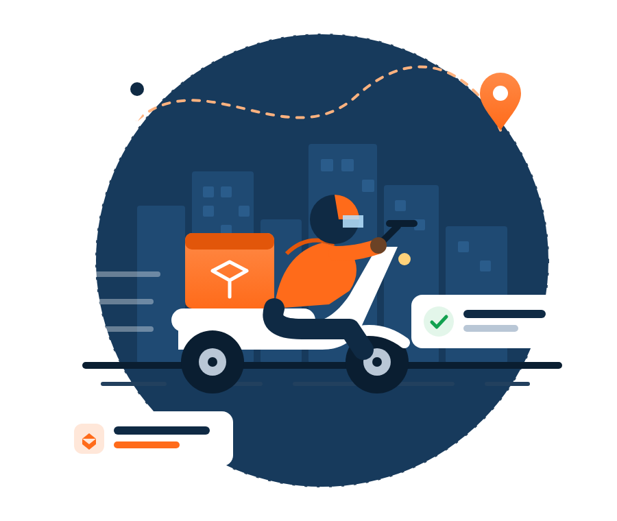 Home Delivery rider on a scooter carrying a parcel through the city